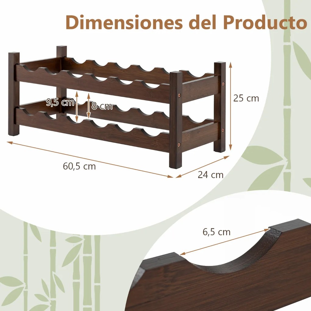 Garrafeira 24 x 60,5 x 25 cm com 2 níveis para 12 garrafas Suporte independente de bambu para cozinha, bar e bancada Castanho