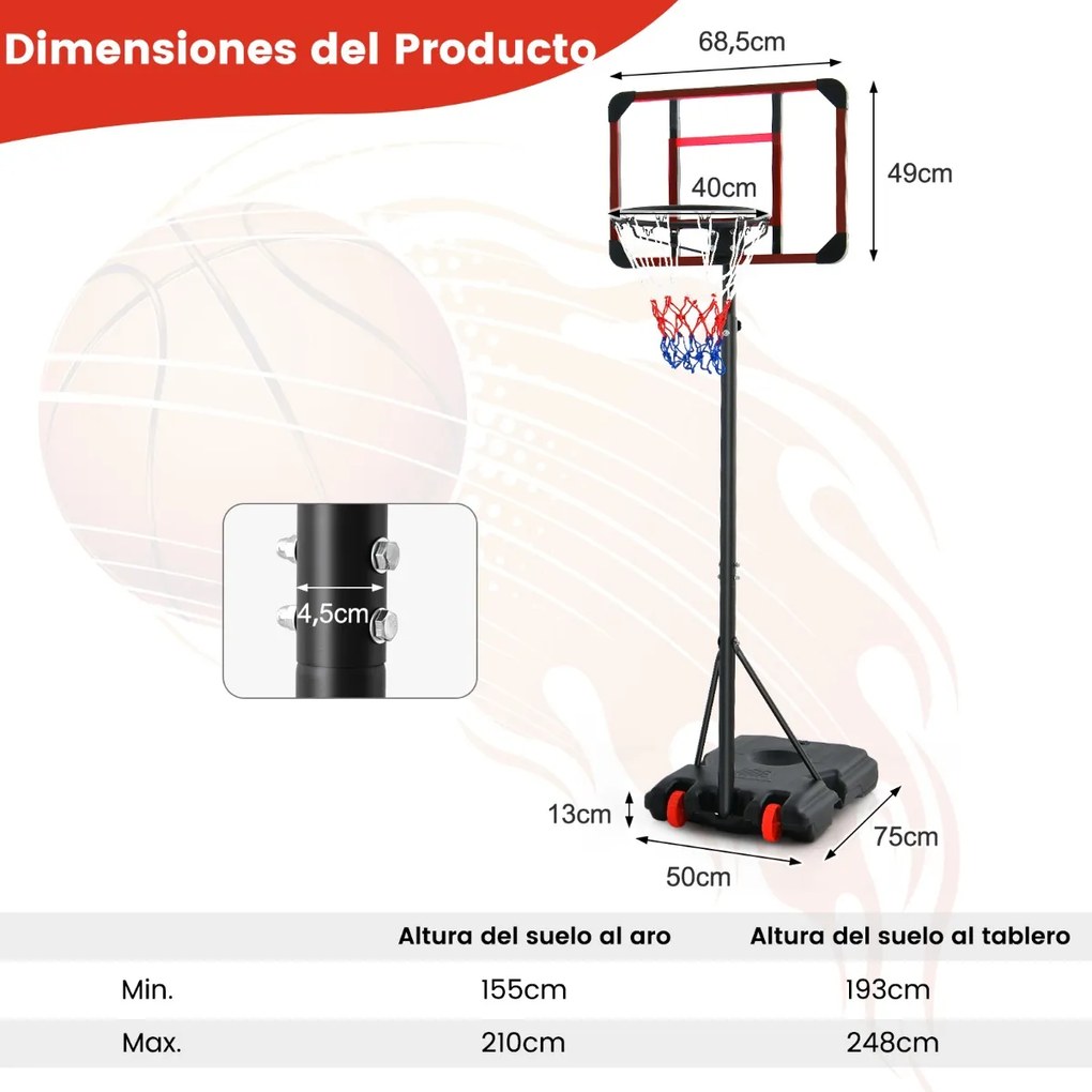 Cesto de basquetebol portátil ajustável em altura 193-248 cm com rodas Cesto de basquetebol enchível com areia e água para crianças e adultos