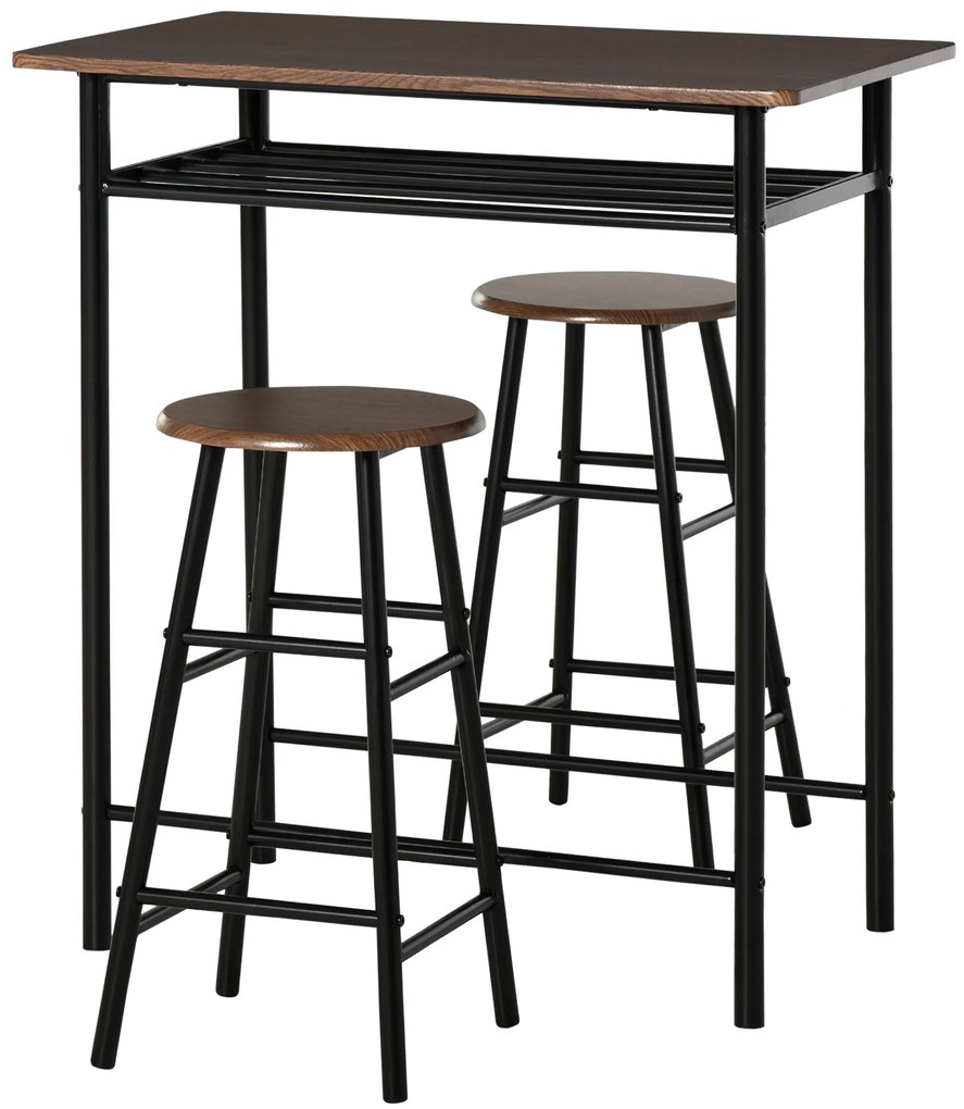HOMCOM Conjunto Mesa de Bar estilo Industrial 2 Bancos MDF Imitação Madeira Nogueira Metal Preto | Aosom Portugal