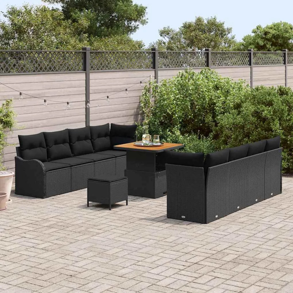Conjunto de Sofá de Jardim de 11 peças com Almofadas Preto Rattan Poli