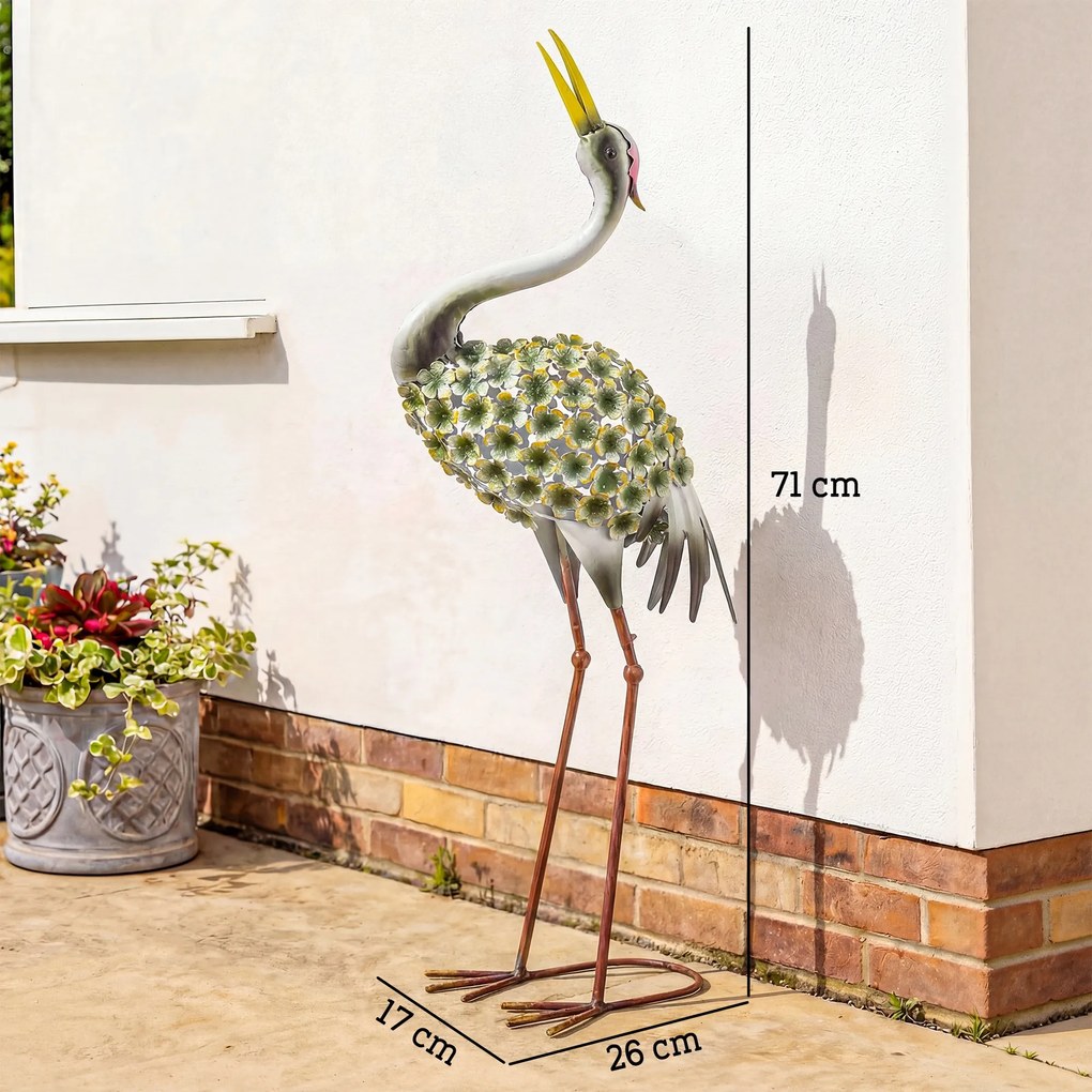 Estátua de jardim, escultura de garça em metal, estátua de ave com 71 cm, para pátio, lago, terraço verde