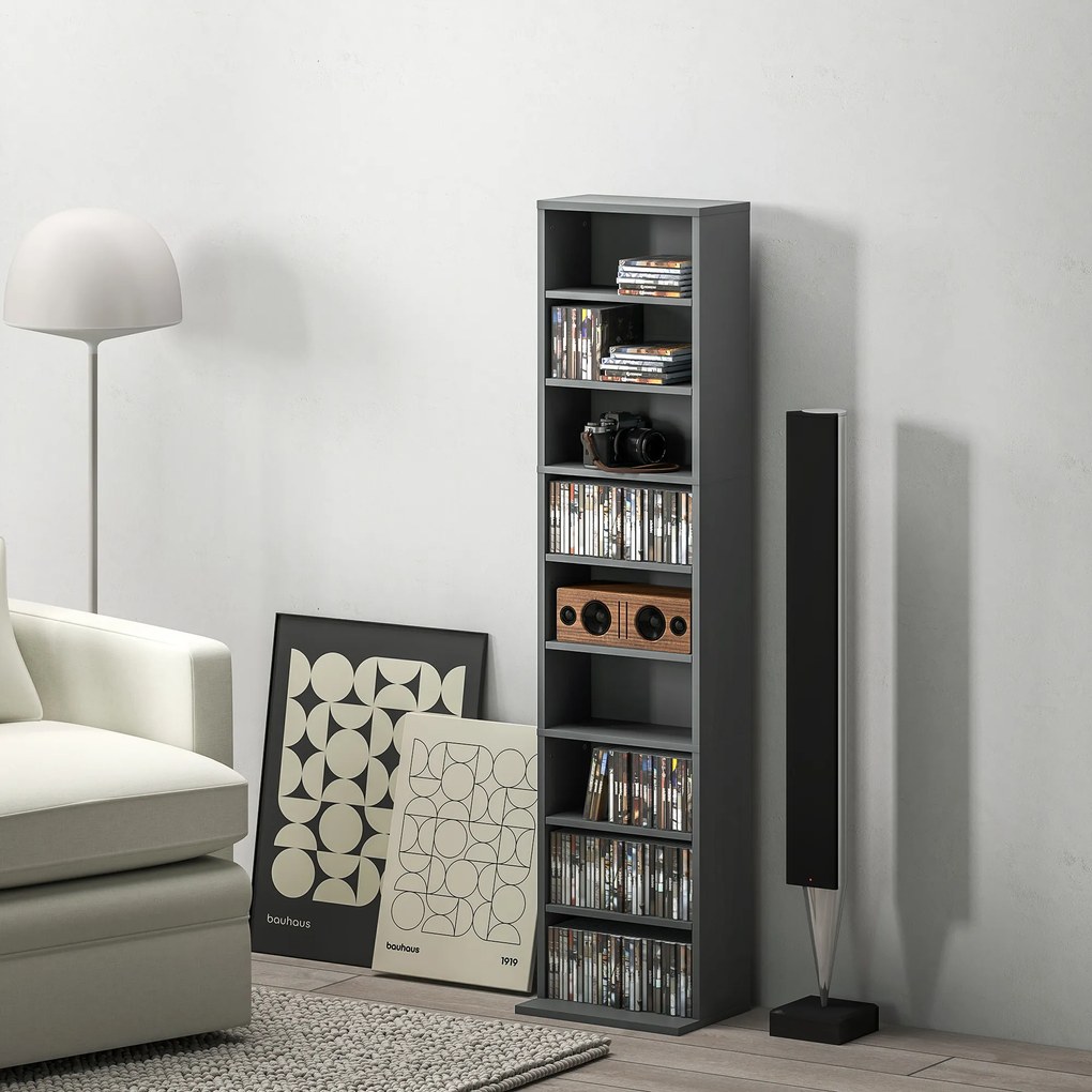 Organizador para CD e DVD com 9 compartimentos e 6 prateleiras ajustáveis; capacidade máxima de 260 CD/120 DVD; 33 x 24 x 140 cm; cinzento