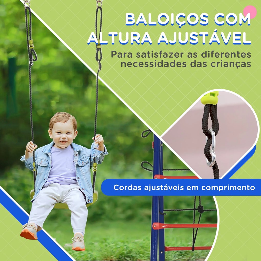 Conjunto de Baloiços para Crianças de Metal 6 em 1 Baloiços para Crianças de 3-12 Anos com 2 Baloiços Cesta de Basquetebol Baloiço Duplo Escada e Argo