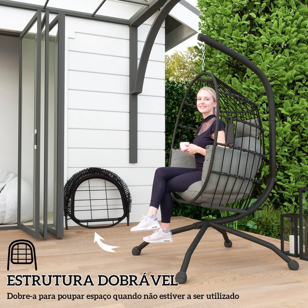 Cadeira Suspensa com Suporte Cadeira Baloiço de Jardim com Cesto Dobrável Almofada e Apoio para a Cabeça 120x88x192 cm Preto