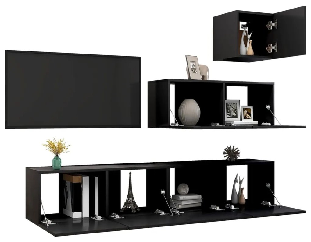 4 pcs conjunto de móveis de TV derivados de madeira preto