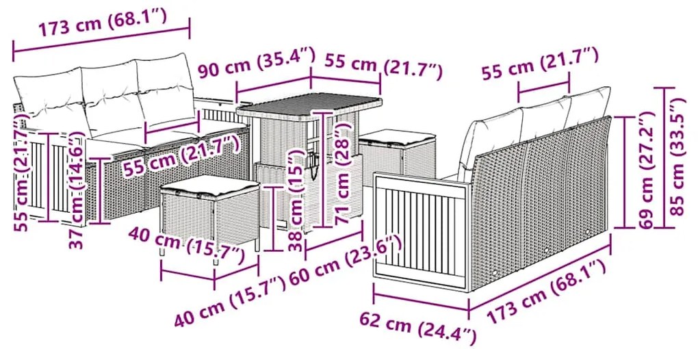 Conjunto de Sofás de Jardim vidaXL de 9 Peças com Almofadas em Vime Be