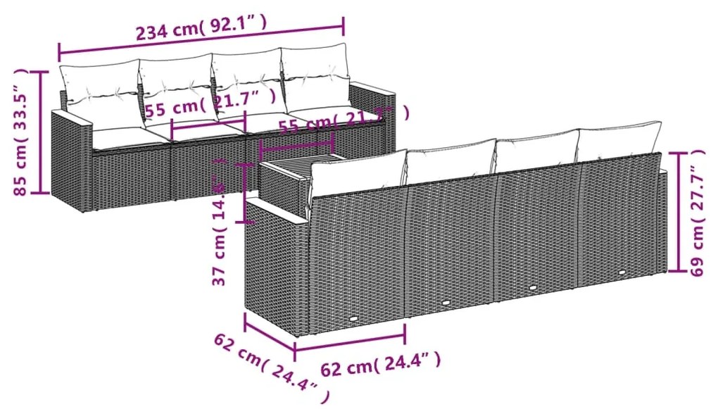 9 pcs conjunto de sofás p/ jardim c/ almofadões vime PE preto