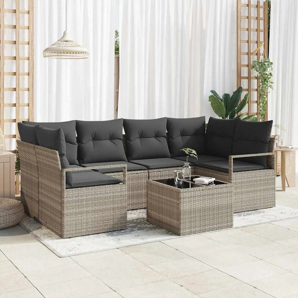 vidaXL Conjunto de Sofá de Jardim com 7 Peças e Almofadas Cinza Claro em Rattan Sintético