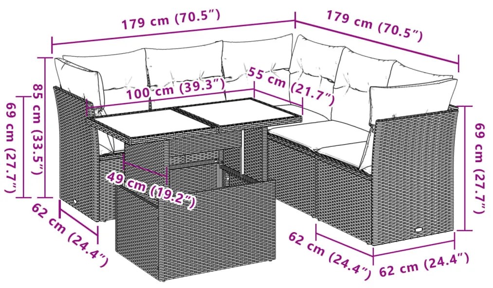 6 pcs conjunto sofás de jardim c/ almofadões vime PE preto