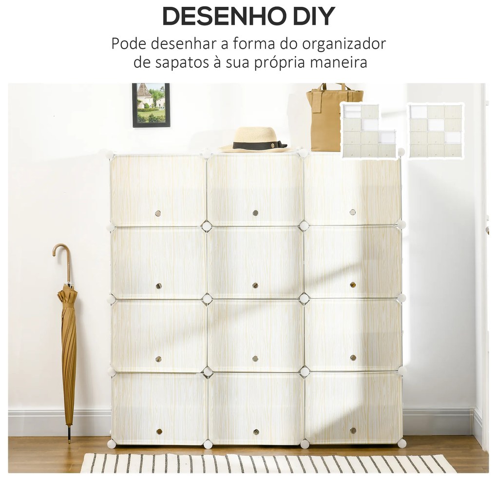 Armário Modular de Plástico Armário com 12 Cubos Organizadores de Sapatos Roupas Brinquedos 125x32x125cm Branco e Natural