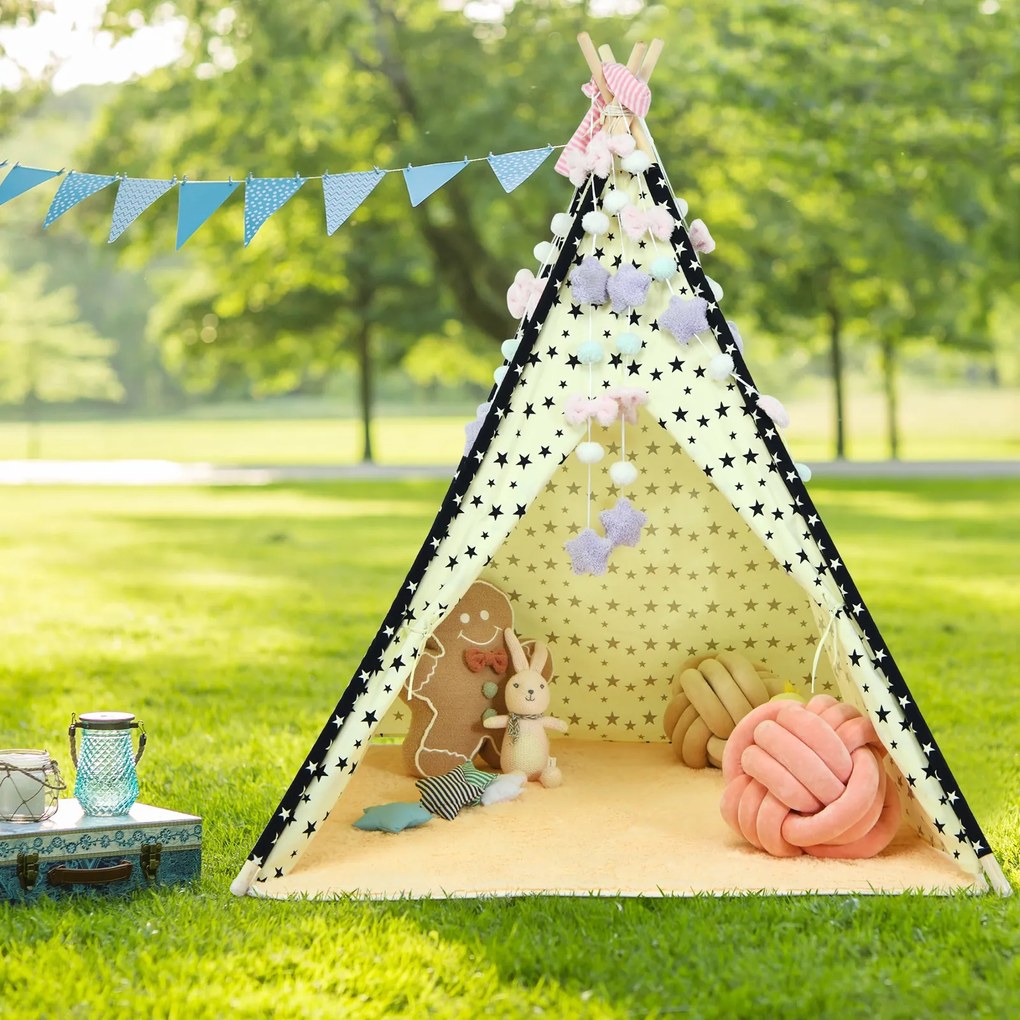 Tenda Tipi para crianças Tenda Tipi Dobrável Interior com Janelas de Algodão e Cabana de Madeira 122 x 117,5 x 150 cm