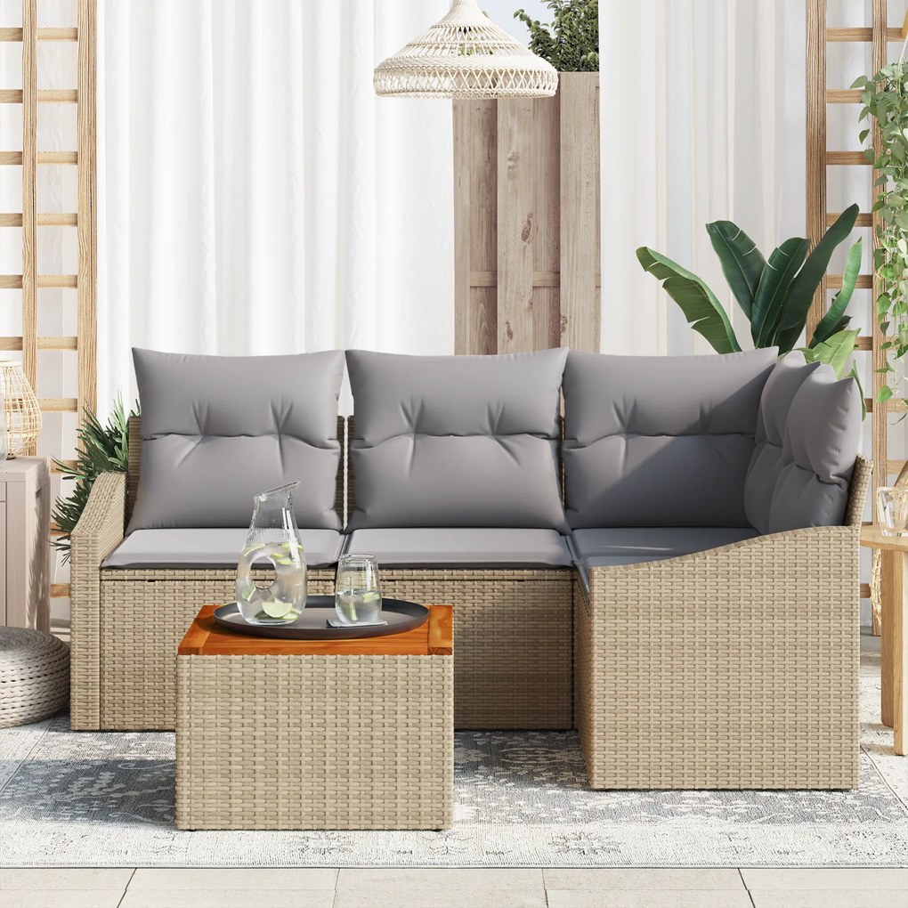 Conjunto de Sofá de Jardim de 5 Peças com Almofadas em Bege, Rattan Po