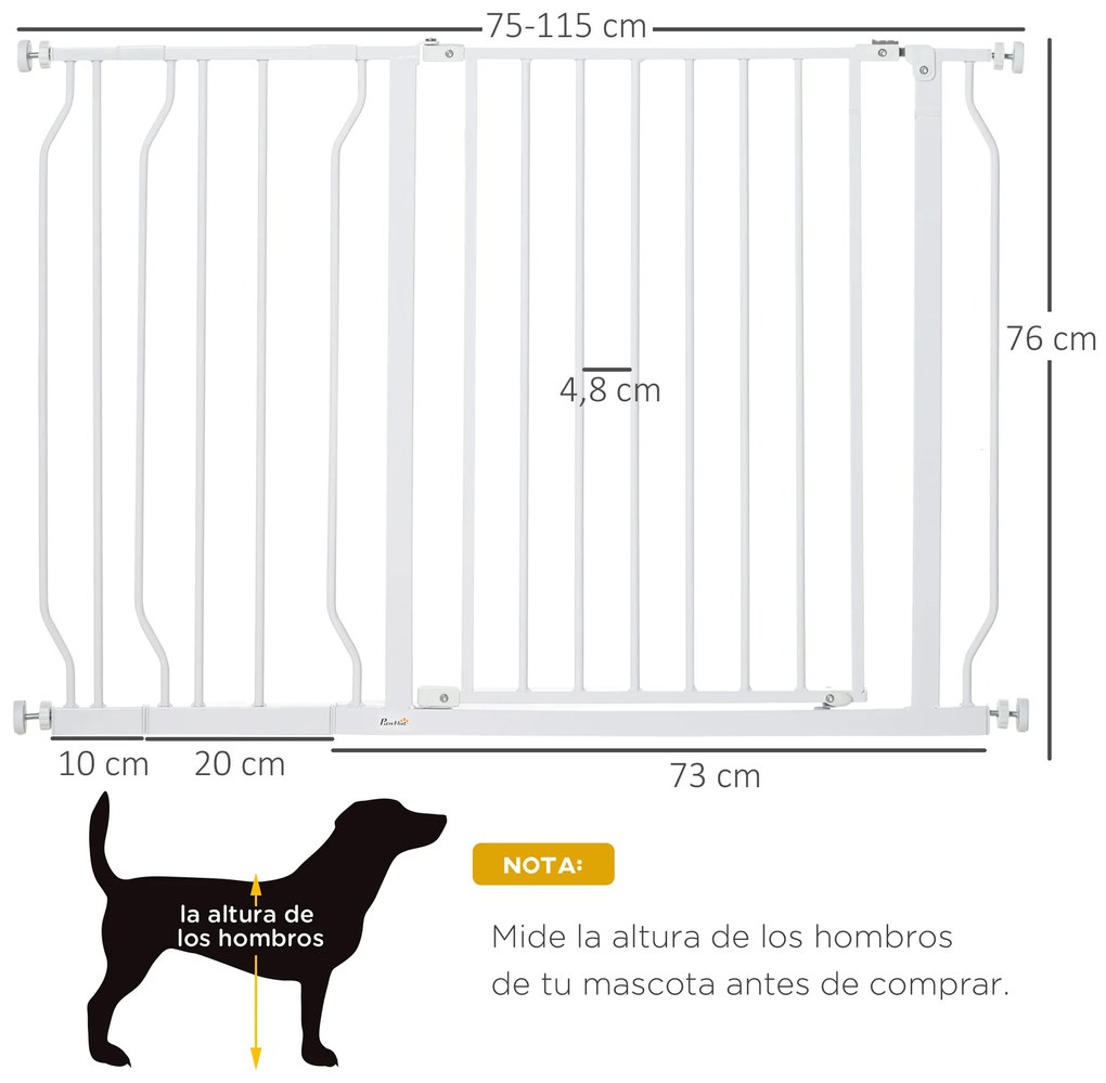 Barreira de Segurança para Cães Extensível para Escadas e Portas 75-115cm com 2 Extensões e 10-20cm Montagem a Pressão Aço Altura 76cm Branco