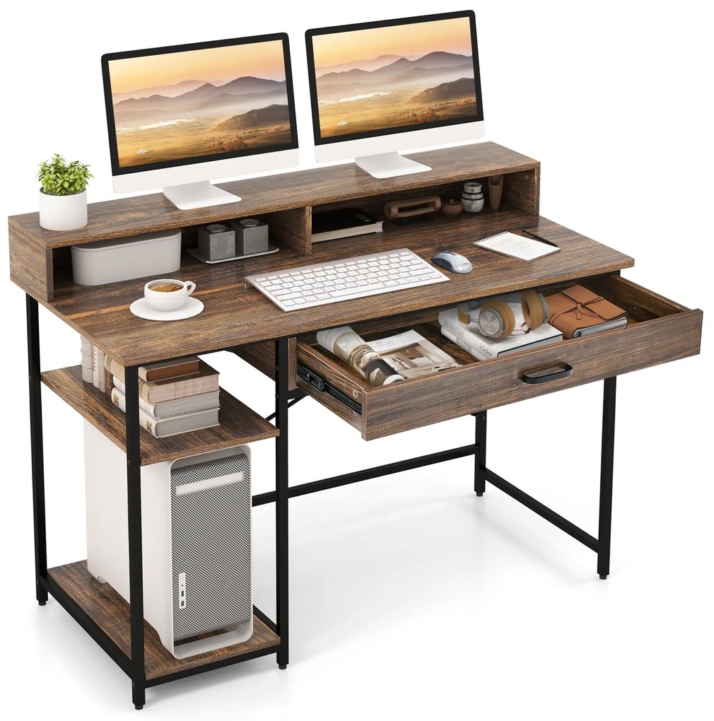 Mesa de computador em formato de L com tomada elétrica, suporte para CPU e estrutura de metal resistente, mesa de canto marrom