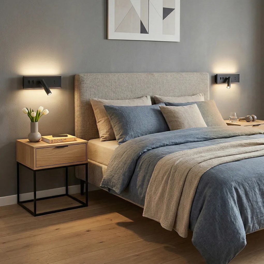 Conjunto de 2 candeeiros de parede modernos pretos ajustáveis com USB-C incl. LED - Modric