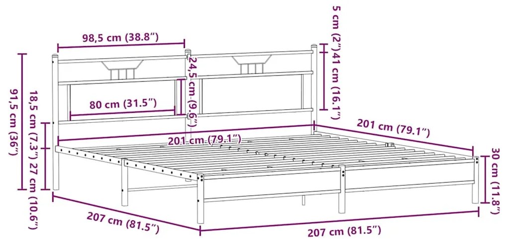 Estrutura de cama sem colchão 200x200cm metal carvalho fumado