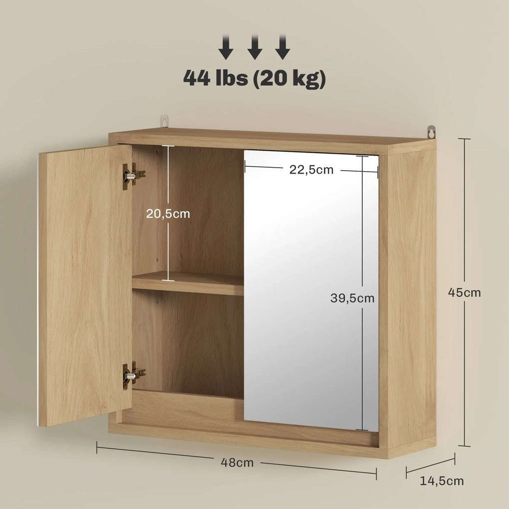Armário de Casa de Banho com Espelho Móvel Suspenso de Casa de Banho com Prateleira Interior Ajustável 48x14,5x45 cm Madeira