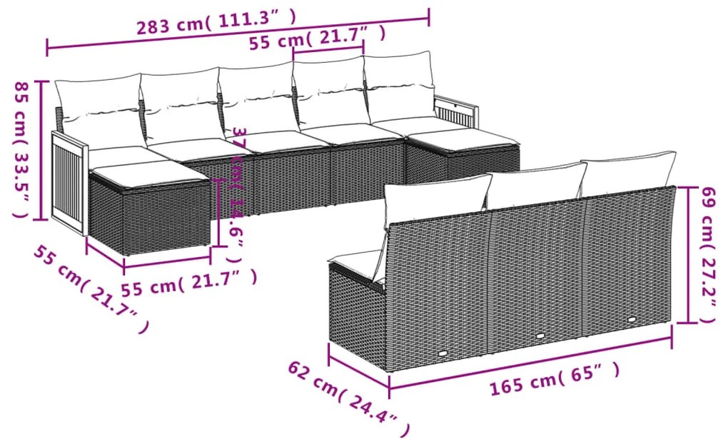 10 pcs conjunto sofás de jardim c/ almofadões vime PE preto