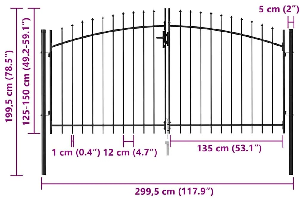 Portão p/ cerca porta dupla topo em espetos 3x1,5 m aço preto