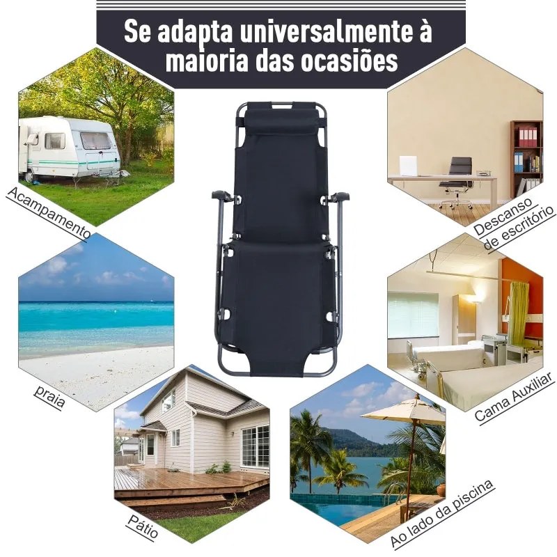 Espreguiçadeira Dobrável com Encosto - Preto - Design Ergonômico