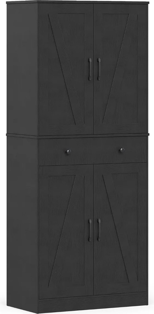 Armário Sala, despensa cozinha moderno 77 x 39 x 183 cm com 4 portas, gaveta e 3 prateleiras ajustáveis Preto