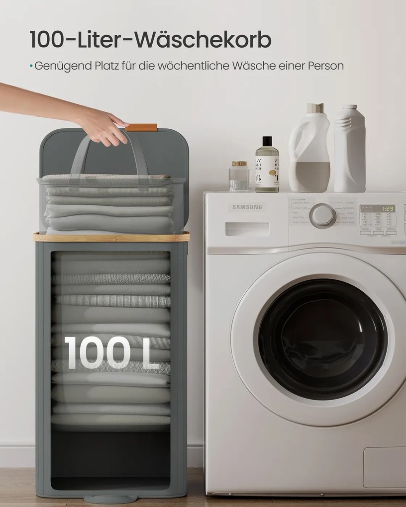 Cesto da roupa suja 42 x 32 x 75 cm com tampa e saco removível, 100 L, cinzento ardósia