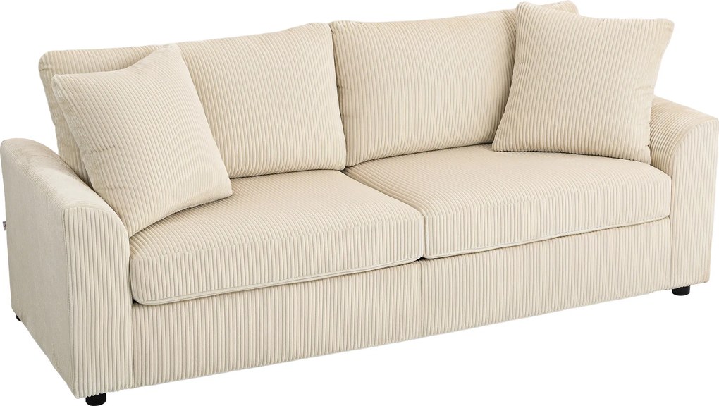 Sofá de 3 lugares com 212 cm, com 2 almofadas de molas, tecido de veludo canelado, creme