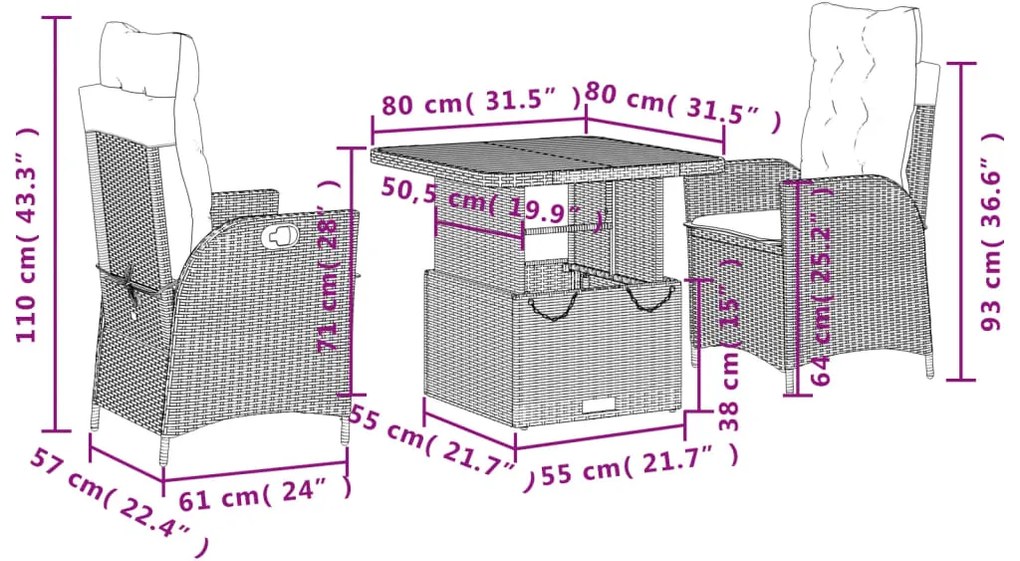 3 pcs conjunto de jantar p/ jardim com almofadões vime PE bege