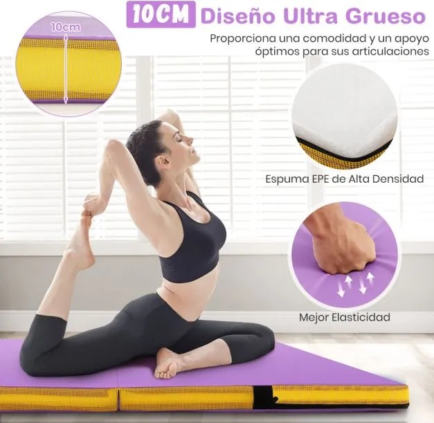 Colchão de ginástica dobrável 122 cm x 122 cm x 10 cm com capa de couro artificial e alças de transporte roxo