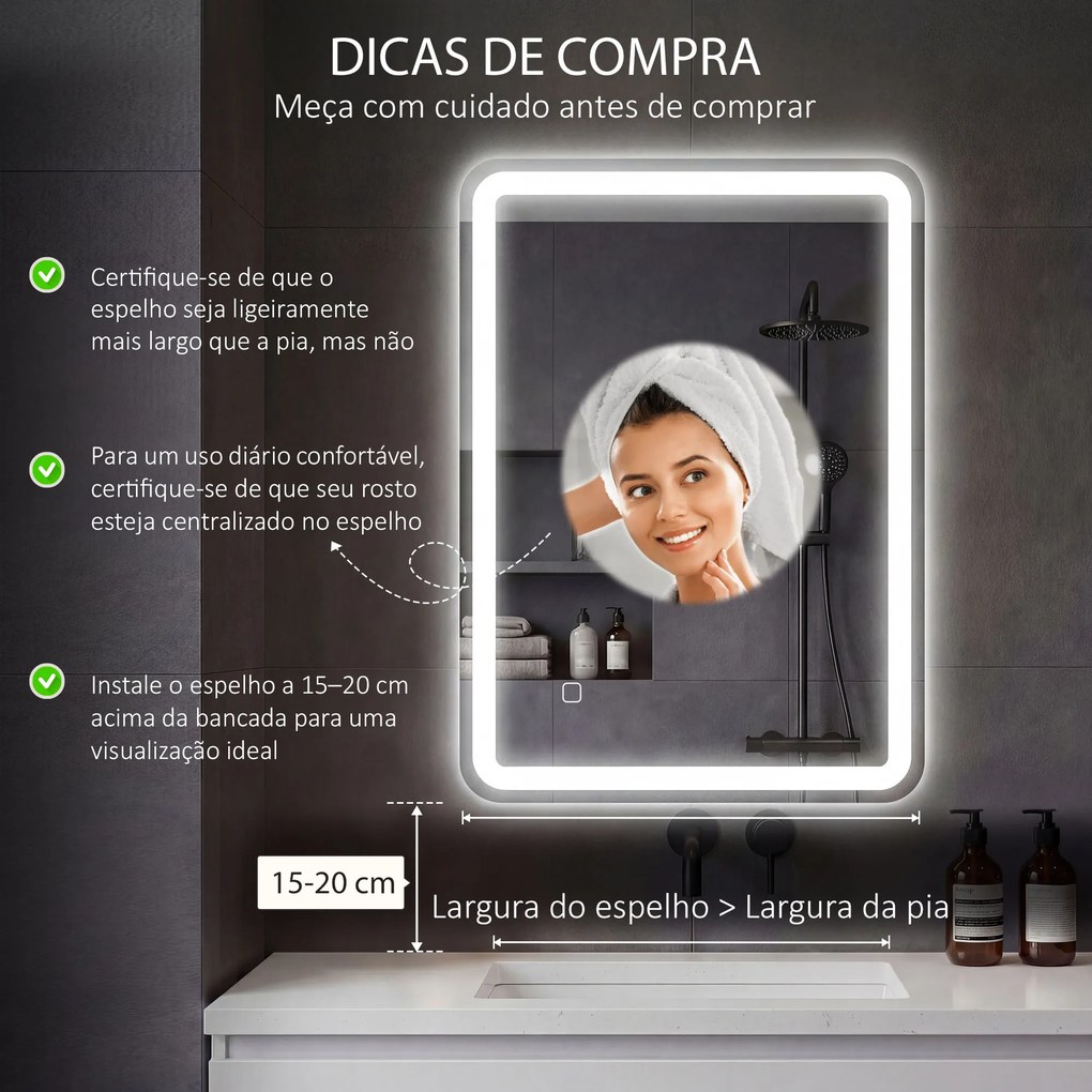 Espelho Casa de Banho com Luzes LED 70x90 cm Função Antiembaciamento 3 Temperaturas de Cor Ajustável e Função de Memória Prata