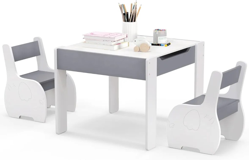 Conjunto de mesa e 2 cadeiras para crianças Mesa de atividades em madeira 4 em 1 para arte, desenho, leitura e quadro removível Cinzento e branco
