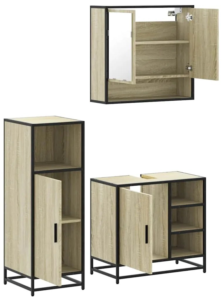 3 pcs conj. móveis casa banho derivados madeira carvalho sonoma