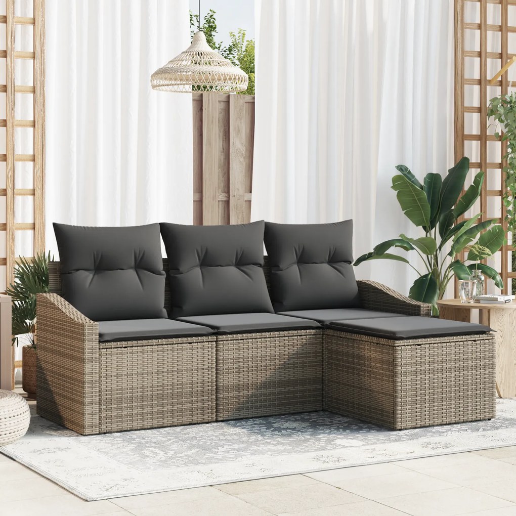Conjunto de Sofá para Jardim de 4 Peças com Almofadas Cinza Rattan Pol