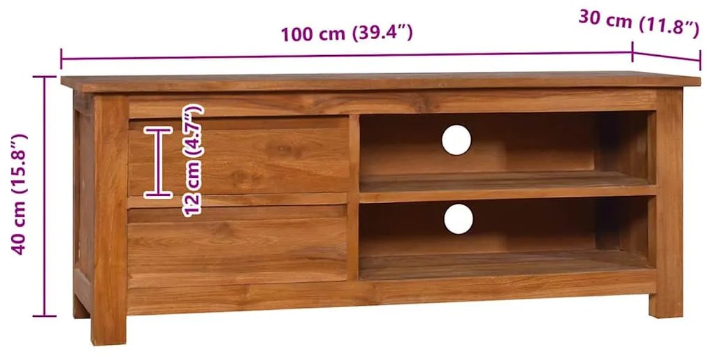 Móvel de TV 100x30x40 cm madeira de teca maciça