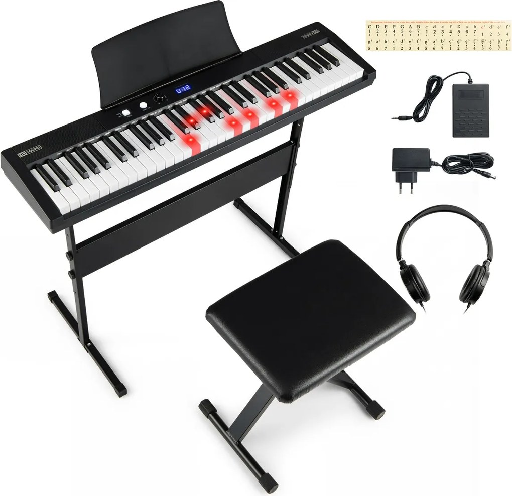Teclado eletrónico de 61 teclas 90,5 x 23 x 5,5 cm para principiantes com suporte e banco ajustáveis 128 ritmos e tons 80 demos Preto