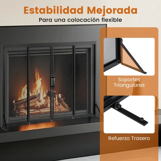 Proteção frontal para lareira 96 x 79 cm com portas deslizantes e corta-fogo independente com tela metálica fácil de montar Preto