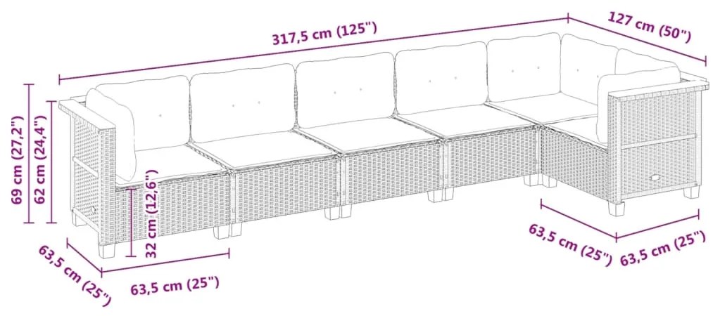 6 pcs conjunto sofás de jardim c/ almofadões vime PE preto