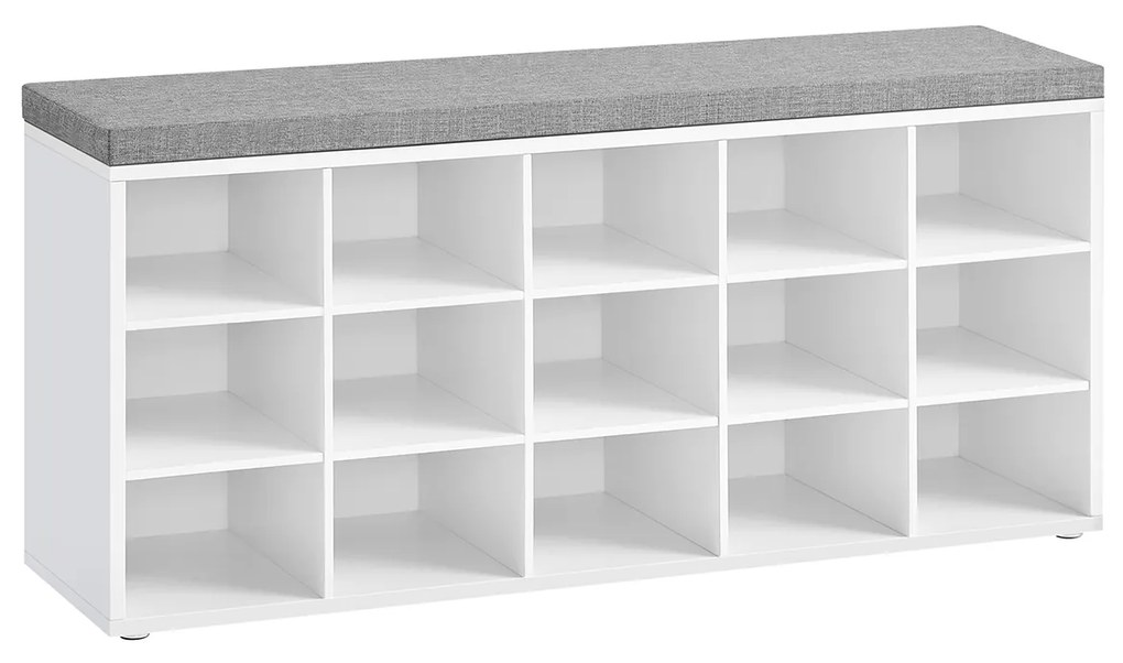 Banco para sapatos VASAGLE LHS15WT, sapateira com assento, almofada e 15 compartimentos, prateleira de armazenamento para corredor, suporta até 200 kg, branco e cinza
