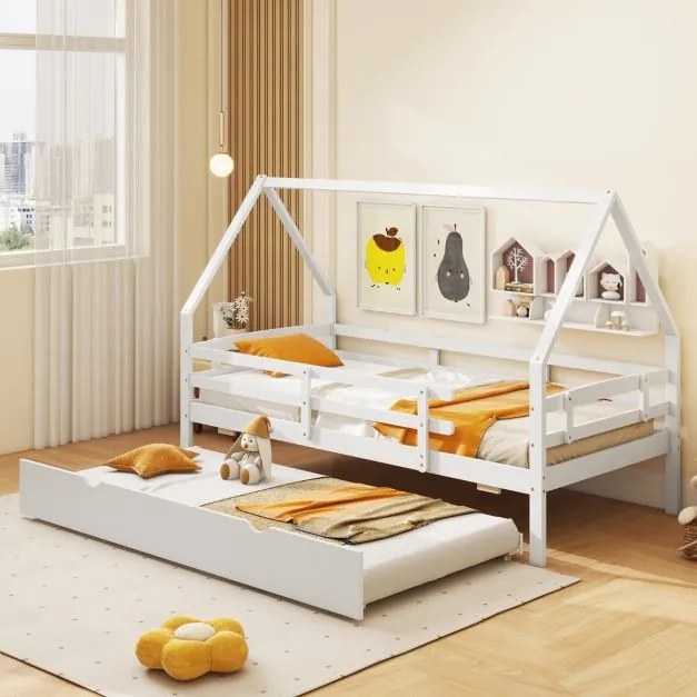 Cama infantil 90 x 200 cm em forma de casa com cama extra  (COLCHÕES NÃO INCLUIDOS) Estrutura de madeira com teto e grades de segurança Não necessita