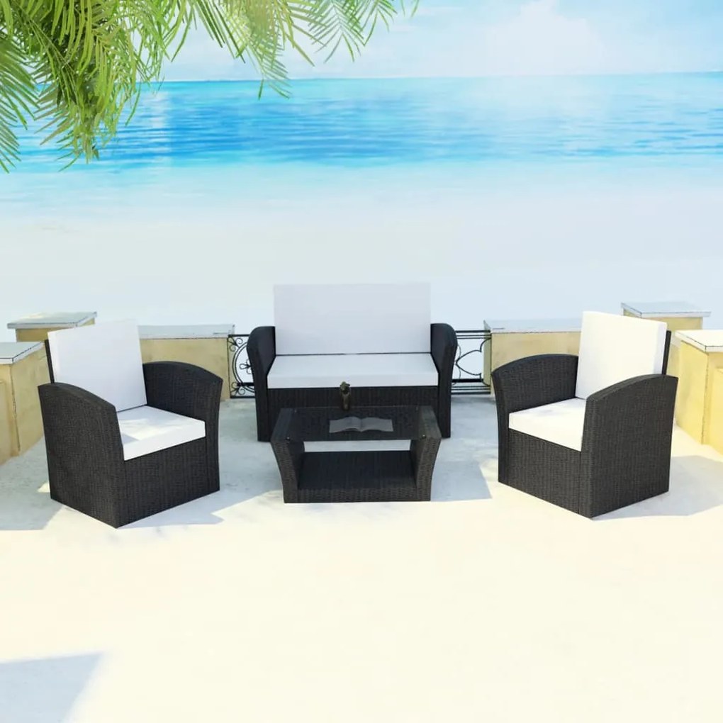 vidaXL 4 pcs conjunto lounge de jardim c/ almofadões vime PE preto