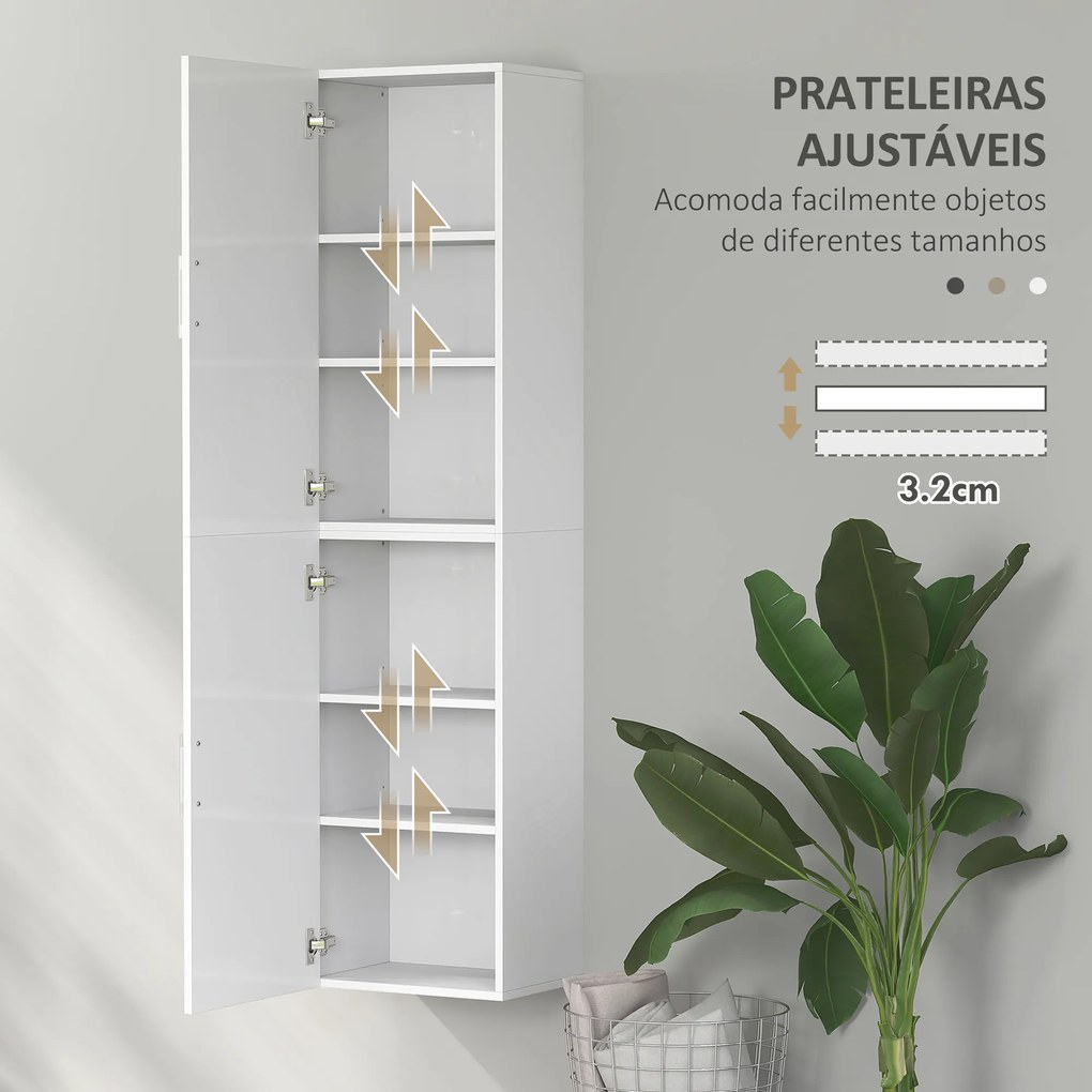 Coluna Casa de Banho de Parede Armário Alto Casa de Banho com Prateleiras Ajustáveis e 2 Portas  40x30x160 cm Branco