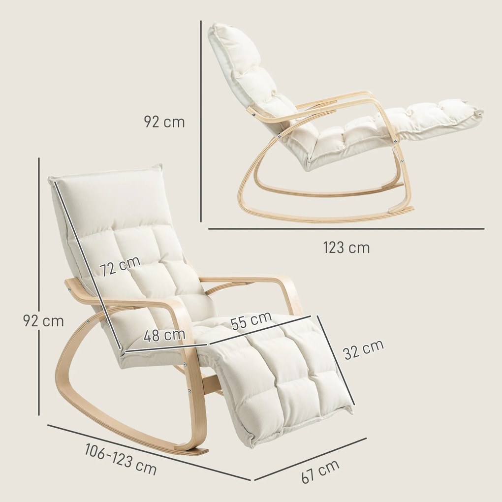Cadeira de baloiço estofada, cadeira relaxante com braços e estrutura em aço, para sala de estar, quarto, cor creme