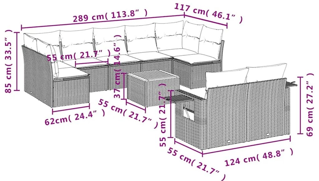 10 pcs conjunto sofás de jardim c/ almofadões vime PE cinzento