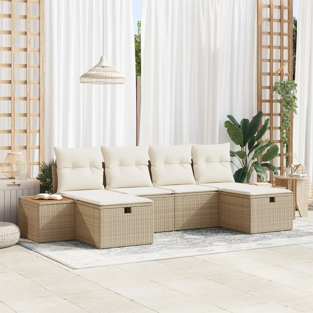 Conjunto de Sofá de Jardim de 6 Peças com Almofadas Bege de Rattan Pol