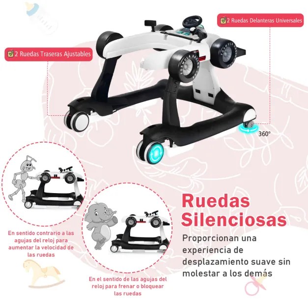 Andador 4 em 1 para crianças, dobrável, atividade de empurrar, com altura ajustável e carrilhão de velocidade com luzes, volante Branco