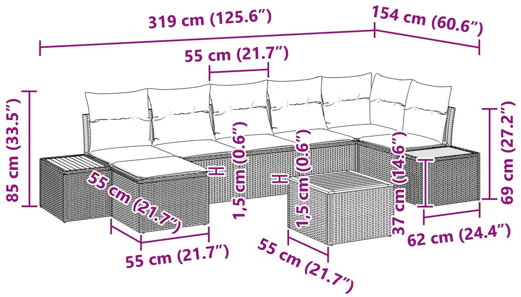 Conjunto de Sofá de Jardim de 8 Peças com Almofadas Bege em Rattan de