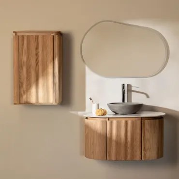 Conjunto De Móvel De Casa De Banho Suspenso 90x50 Cm Em Madeira Carsone Madeira Natural & Madeira Natural & Cimento Cinzento Redondo Ø40 Cm - Sklum