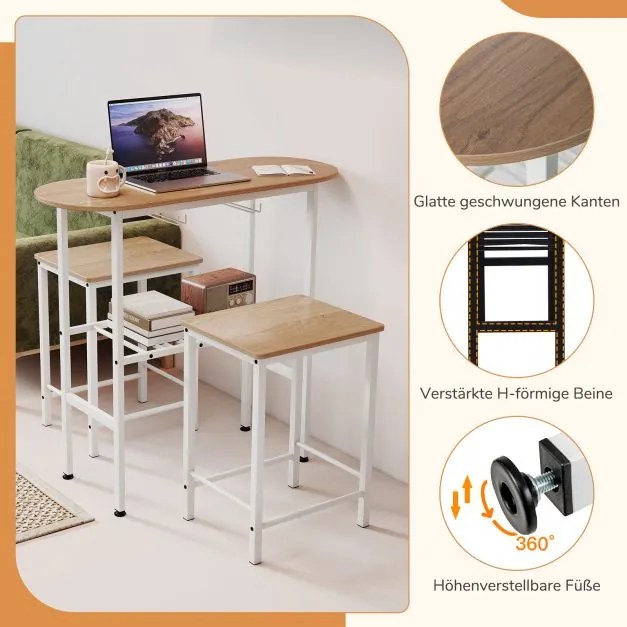 Mesa de bar com conjunto de 2 bancos com suportes para copos de vinho e garrafas, natural