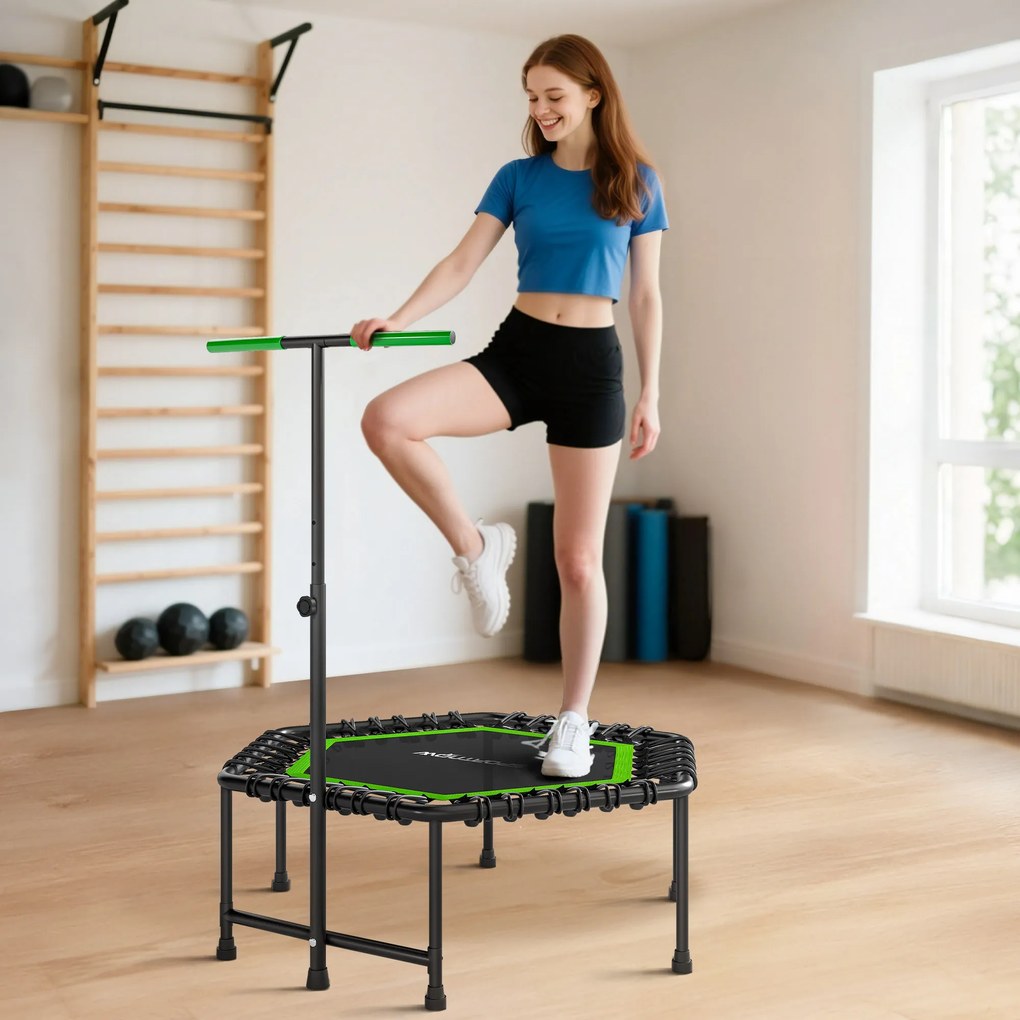 Trampolim Fitness 114x114x132 cm com Guiador Ajustável em 3 Níveis Estrutura de Aço para Treino de Perna Corpo Verde