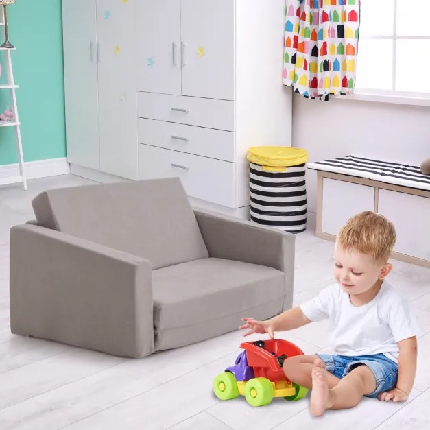 Cadeira infantil conversível 2 em 1 com camada sólida e lavável Sofá-cama duplo para crianças para quarto 77 x 43 x 40 cm Cinzento